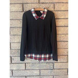 J.Crew Womens Black Sweater With Red/Blue Plaid Collar & Hem Size M 100% Cotton